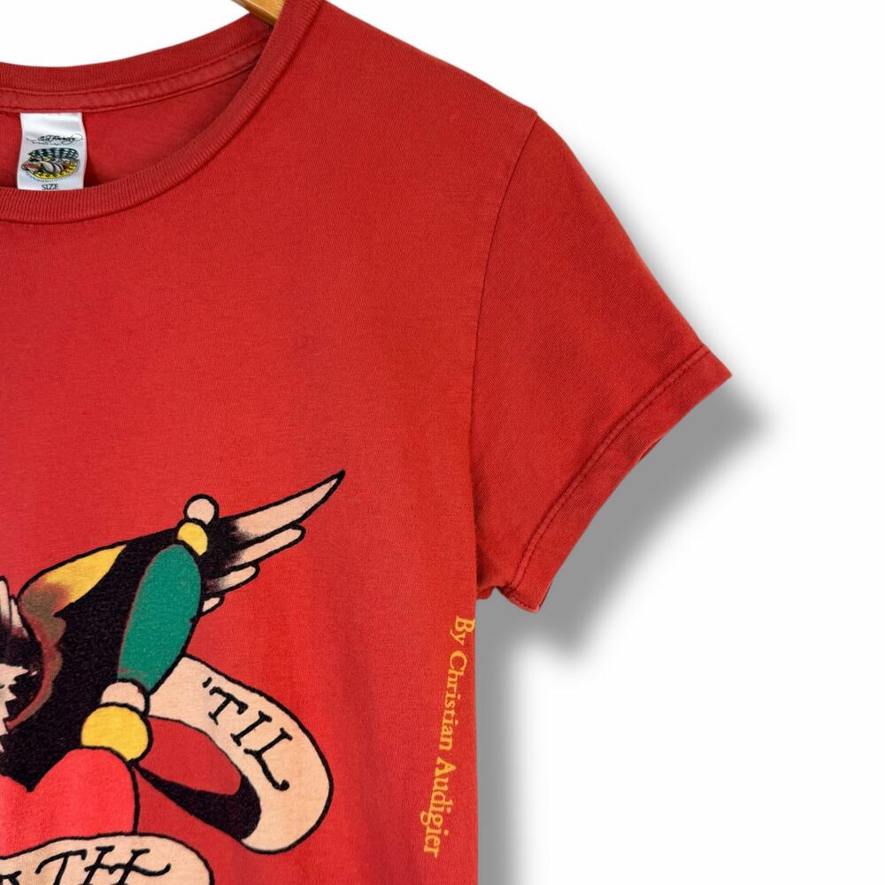 Ed Hardy Womens Tshirt True Til Death Tattoo Design Eagle Heart Red Size Large - Picture 3 of 6